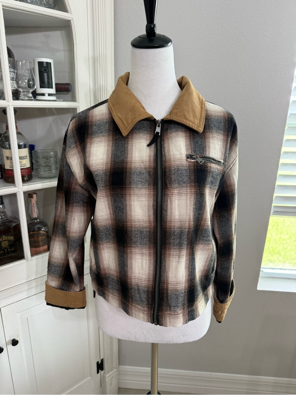 Evereve Plaid Zip Jacket with Tan Corduroy Collar